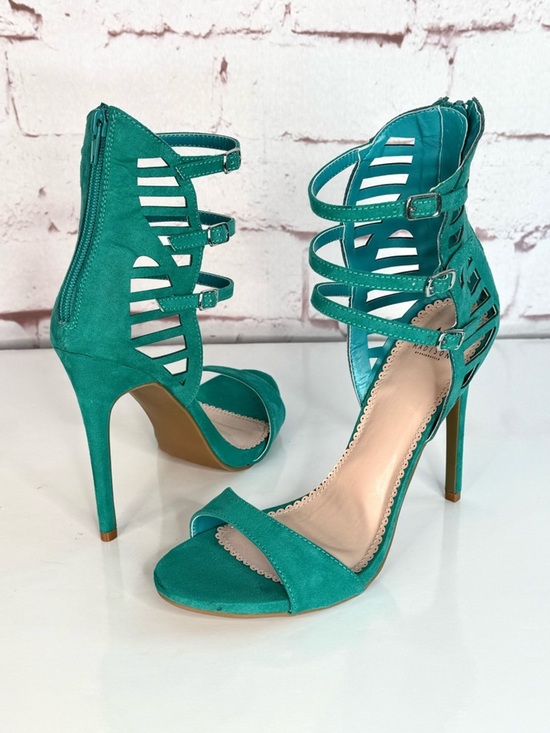 Shoes - MADISON Teal Cage 3 Buckle Faux Suede Stiletto Open Toe Heels Size 9